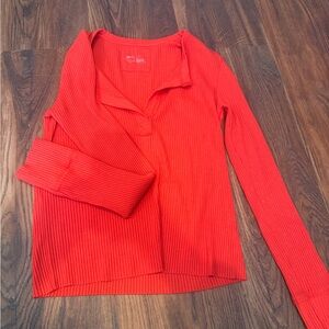 American Eagle Outfitters Red Ribbed Long Sleeve Button Down